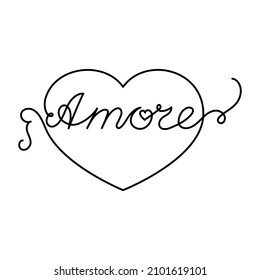 Continuous One Line heart and script cursive text amore (love in Italian). Vector illustration for poster, card, banner valentine day, wedding, print on shirt.