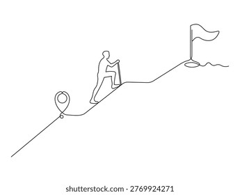 Continuous One Line Hiker Climbing Mountain Toward Flag Success Journey Concept