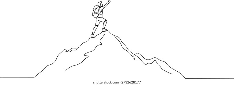 Una línea continua de un excursionista que llega a la cima de la montaña, simbolizando el logro y la fortaleza, dibujó la Ilustración vectorial.
