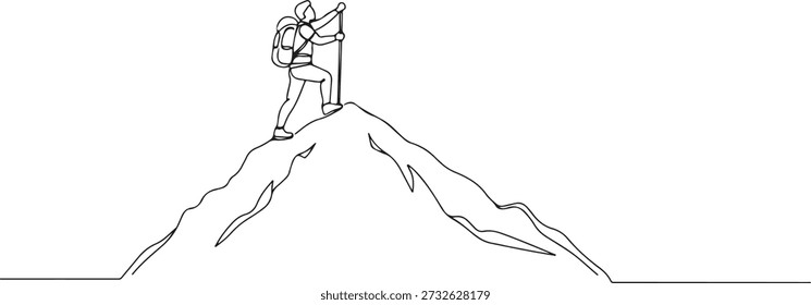 Una línea continua de un excursionista que llega a la cima de la montaña, simbolizando el logro y la fortaleza, dibujó la Ilustración vectorial.
