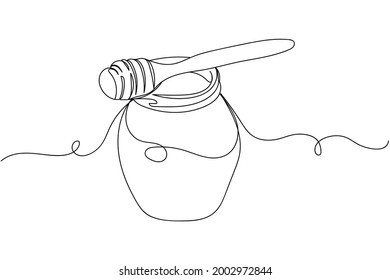 Una línea continua de miel con palo de miel en silueta sobre un fondo blanco. Linear estilizado.Minimalista.