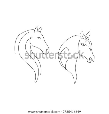 Continuous one line horse head outline vector illustration isolated on white background. Minimalist single line art featuring an elegant horse head design, symbolizing strength, freedom, power, and grace. Perfect for equestrian branding, horse riding clubs, sports logos, veterinary services, stickers, posters, tattoos, and modern decorative design projects. Editable vector with clean, fluid, and artistic outline style.