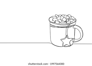 Una línea continua de bebida caliente de invierno deliciosa en la silueta sobre un fondo blanco. Linear estilizado.Minimalista.