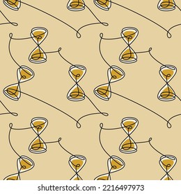 Continuous one line hourglass vector seamless pattern. Abstract backdrop illustration. Wallpaper, graphic background, fabric, textile, print, wrapping paper or package design. Time concept.