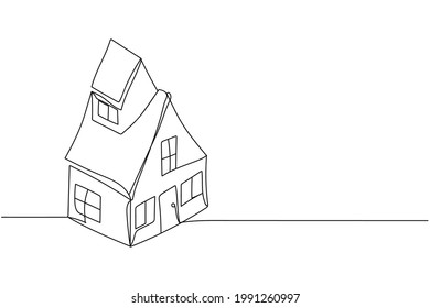 Continuous one line of house building construction in silhouette on a white background. Linear stylized.Minimalist.