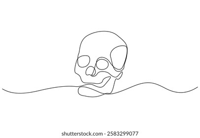 Continuous one line human anatomical skull vector illustration, Single continuous line drawing black and white illustration of skull human head bone.