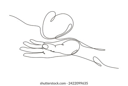 Un brazo humano de línea continua sostiene el dibujo del símbolo del corazón. Concepto de donación de caridad en el estilo simple de doodle lineal. Ilustración vectorial con trazo editable. 