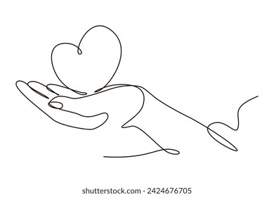 Continuous one line human arm holding heart symbol drawing. Charity donation concept in simple linear doodle style. Vector illustration with editable stroke. 