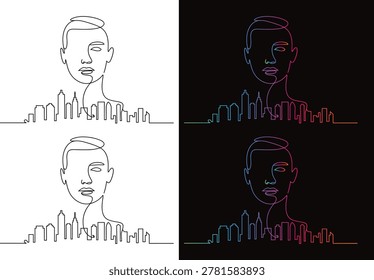 Continuous one line of human face merging with city skyline