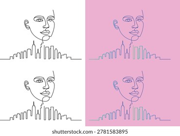 Continuous one line of human face merging with city skyline