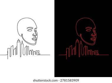 Continuous one line of human face merging with city skyline