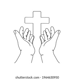 Continuous one line of human hands open palm up therapy bless god helping repent in silhouette. Minimal style. Perfect for cards, party invitations, posters, stickers, clothing.