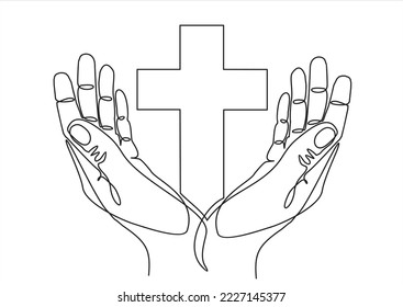 Continuous one line of human hands open palm up therapy bless god helping repent in silhouette. Minimal style. 