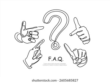 Continuous one line of Human hands showing at the question mark, FAQ  vector illustration. Editable stroke.