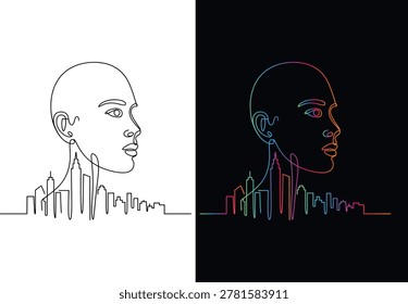 Continuous one line of a human profile merging with a city skyline