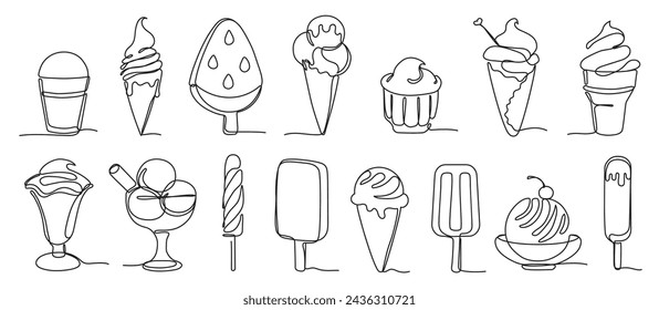 Helado continuo de una línea. Sirva suaves a mano postres congelados, helados paletas y helados sundaes vector ilustración conjunto. Sabrosos refrescos en conos, cuencos y tazas de colección de contornos