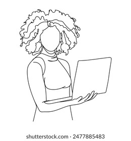 Ilustración continua de una línea de una mujer negra con el pelo rizado usando un ordenador portátil, destacando el profesionalismo moderno en un estilo minimalista