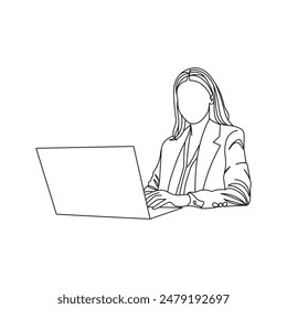 Continuous one line illustration of a businesswoman using a laptop, capturing modernity and professionalism in a minimalist style.
