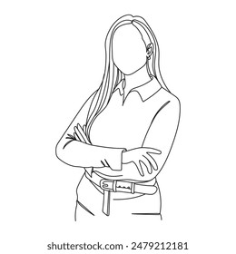 Continuous one line illustration of a casual executive woman with arms crossed, showcasing confidence and professionalism in a minimalist style.