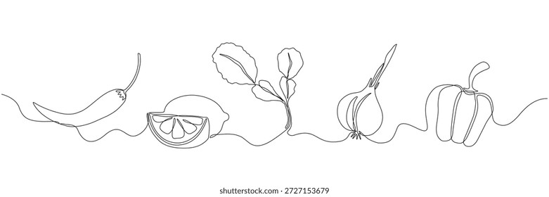 Kontinuierliche einzeilige Illustration von Chilischoten, Zitrone, Kaffir-Limettenblättern, Zwiebeln und Paprika. Minimale Schwarz-Linien-Kunst für Lebensmittelsymbole, Menüdesign, Verpackungen und kulinarische grafische Elemente. Bearbeitbarer Strich