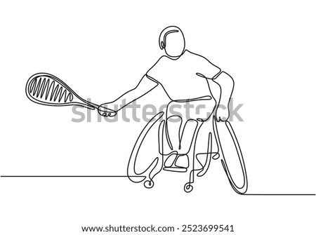 Continuous one line illustration of a disabled individual playing tennis. Showcases adaptability and passion for sports in a simplistic manner.