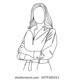 Continuous one line illustration of an executive woman with arms crossed, capturing professionalism and confidence in a minimalist style.