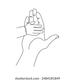 Continuous one line illustration of a father's hand holding a baby's hand, capturing tenderness and connection in a minimalist style.