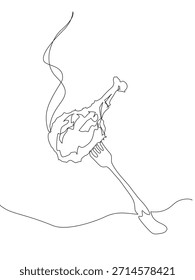 Ilustração contínua de uma linha de uma baqueta de frango frita em um garfo com vapor ascendente, contorno preto limpo em fundo branco, simbolizando comida quente e jantar moderno simples. Vetor Traço editável