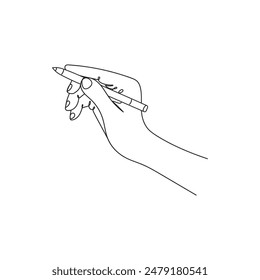 Ilustración continua de una línea de una mano sosteniendo un bolígrafo en posición de escritura. Captura la elegancia y la sencillez en un estilo minimalista.