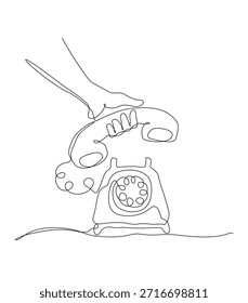 Ilustração contínua de uma linha de uma mão segurando um telefone giratório vintage, simbolizando a comunicação, nostalgia, conexão e tecnologia clássica em um fundo branco limpo. Traçado editável