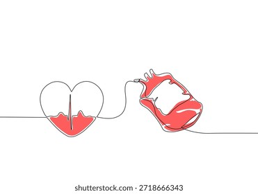 Ilustración continua de una línea de un corazón que recibe sangre de una bolsa de sangre, con la sangre formando una forma de onda de latidos cardíacos de ECG dentro del corazón, Asistencia de vida, atención médica y vitalidad. Trazo editable