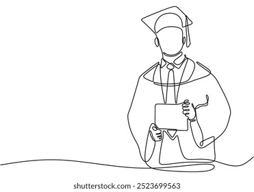 Continuous one line illustration of a male figure donning a graduation robe. Represents the joy of graduation in a simplistic style.