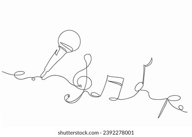 A continuous one line illustration of a microphone with musical melody, vector illustration 