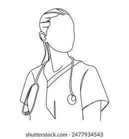 Continuous one line illustration of a nurse with a stethoscope hanging around her neck, capturing professionalism and care in a minimalist style.