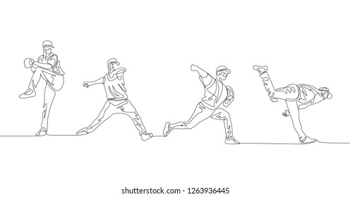 Continuous one line illustration shows step by step the process of throwing a baseball