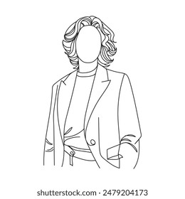 Continuous one line illustration of a standing businesswoman in formal attire, depicting professionalism and confidence in a minimalist style.