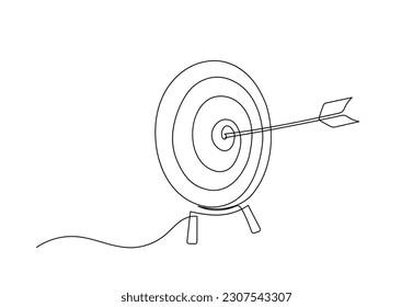 Continuous one line illustration: target arrow success strategy business outline. Goal eye competition icon sport single sketch. Focus concept success challenge archery bullseye. Vector illustration.
