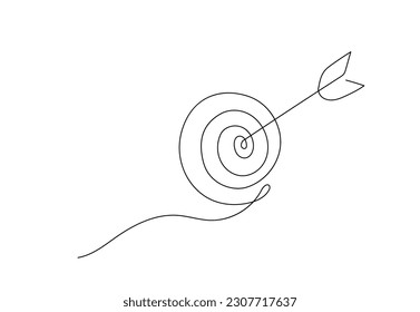 Continuous one line illustration: target arrow success strategy business outline. Goal eye competition icon sport single sketch. Focus concept success challenge archery bullseye. Vector illustration.