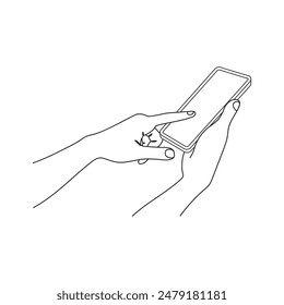 Continuous one line illustration of two hands using a phone, with one hand pointing at the screen. Captures modern interaction and technology in a minimalist style.