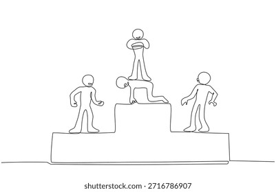 Ilustração contínua de uma linha de um vencedor de pé nas costas de outra pessoa no pódio, domínio, desigualdade, desequilíbrio de poder, e sucesso controverso na competição. Traçado editável