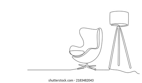 Continuous One line interior with armchair and floor lamp. Single line drawing of Living room with modern furniture editable stroke. Handdraw contour. Doodle vector