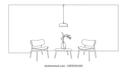 Continuous one line interior with armchairs, table, lamp and plant. Single line drawing of living room, meeting room, lounge with modern furniture. Editable stroke Handdraw contour of indoor furniture