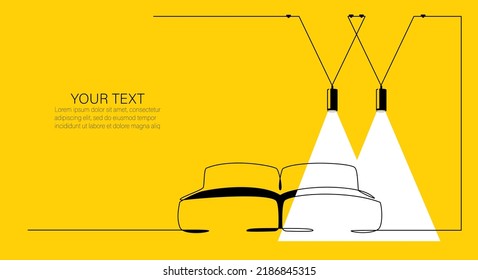 Continuous One line interior with sofa and light lampshades with place for text. Single line drawing of Living room with modern furniture. Template for Banner Vector illustration