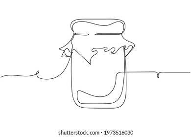 Continuous one line of jar of honey or jam in silhouette. Linear stylized. Minimal style.
