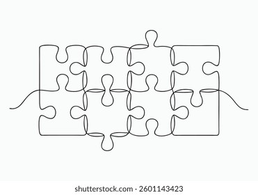 Continuous One Line Jigsaw Puzzle with Missing Piece | Minimalist Problem-Solving Vector Illustration
