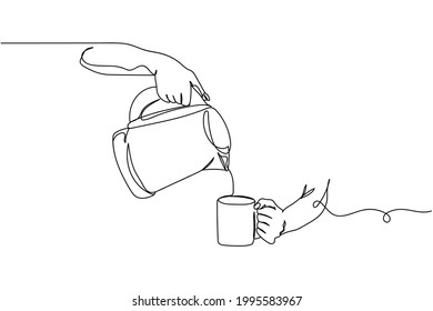 Continuous one line of kettle and cup in hands in silhouette on a white background. Linear stylized.Minimalist.