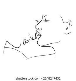 Continuous one line. A kiss of two lovers. Newlyweds people kiss each other. A woman and a man line up.