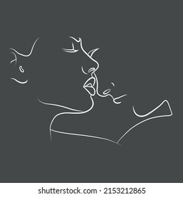 Una línea continua. Un beso de dos amantes. Las personas recién casadas se besan. Una mujer y un hombre se alinean.
