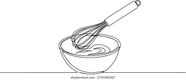 Continuous one line of a kitchen whisk mixing ingredients, representing culinary preparation, drawn vector illustration.