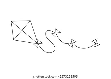 Continuous one line kite drawing with black and white vector icon